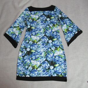 New York & Company Dress Womens Small Blue Floral 3/4 Sleeve Shift Tropical
